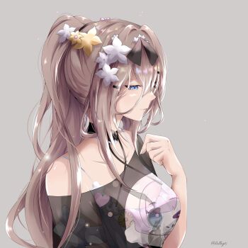 Rule 34 | 1girl, absurdres, aponia, black shirt, blonde hair, blue eyes, breasts, character print, commentary, elysia (honkai impact), english commentary, flower, grey background, hair flower, hair ornament, highres, honkai (series), honkai impact 3rd, large breasts, lolbyts, long hair, off-shoulder shirt, off shoulder, ponytail, prototype design, shirt, simple background, solo, twitter username, upper body