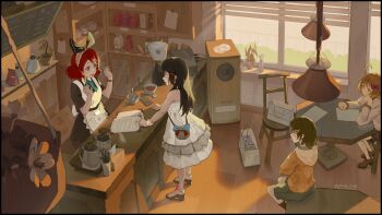 4girls ahoge apron artist_name ayako_(dfl) bar_stool bare_shoulders black_dress black_hair bow brown_hair cabinet cafe cd chair chalkboard clock coffee_pot counter cup dress drinking_straw from_above hair_bow hair_ornament hairclip hibike!_euphonium highres holding indoors katou_hazuki kawashima_sapphire kettle kitchen kousaka_reina kyoto_animation lamp long_hair long_sleeves maid maid_apron maid_headdress menu menu_board multiple_girls nishikino_maki on_table oumae_kumiko paper pitcher_(container) plant plate pointing potted_plant purple_eyes ribbon sandals scenery shelf short_hair short_sleeves sitting skirt smile speaker standing stool sunlight table teacup teapot white_dress window window_blinds wooden_chair wooden_table