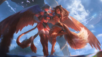 2girls absurdres animal_ears animal_legs artist_name ass bare_shoulders barefoot bird black_panties blue_eyes blue_sky blurry blurry_foreground breast_curtains breasts brown_hair brown_hsit brown_nails brown_skirt brown_tube_top cleavage cloud cloudy_sky commentary english_commentary facial_mark feathered_arms feathered_wings fox_ears fox_girl fox_tail from_side full_body fur-trimmed_skirt fur_trim grey_hair grey_nails grey_tube_top hair_between_eyes hand_on_own_hip hand_up hands_up highres large_breasts lion_tail long_hair looking_at_viewer midriff multiple_girls navel nose one_eye_closed original outdoors panties parted_lips paul_nong paw_pose red_eyes short_hair shoulder_tattoo skirt sky smile standing standing_on_liquid standing_on_one_leg strapless tail tattoo teeth thighs too_many too_many_birds tube_top twitter_username underboob underwear water wings