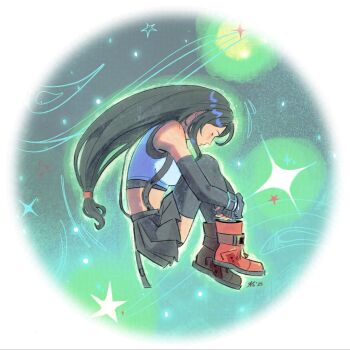 1girl ashlena_sharma bare_shoulders black_gloves black_hair black_skirt black_thighhighs boots breasts closed_mouth commentary crop_top elbow_gloves english_commentary fetal_position final_fantasy final_fantasy_vii final_fantasy_vii_rebirth final_fantasy_vii_remake from_side full_body gloves highres large_breasts lifestream long_hair low-tied_long_hair pleated_skirt profile red_boots skirt solo sparkle star_(symbol) suspender_skirt suspenders tank_top thighhighs tifa_lockhart white_tank_top