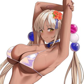 1girl absurdres armpits arms_up blonde_hair breasts commentary dark-skinned_female dark_skin flower hair_flower hair_ornament highres hololive hololive_english large_breasts limiter_(tsukumo_sana) long_hair looking_at_viewer planet_hair_ornament si_farid simple_background skindentation smile solo sweat tsukumo_sana twintails virtual_youtuber white_background yellow_eyes