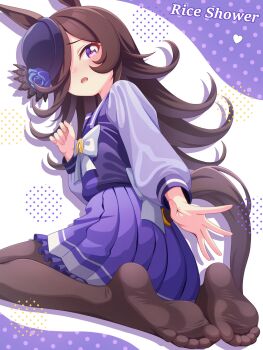 Rule 34 | 1girl, animal ears, blue flower, blue hat, blue rose, blush, bow, bowtie, breasts, brown hair, brown pantyhose, character name, commentary request, flipped hair, flower, hair over one eye, hat, hat flower, heart, highres, hokuyukis, horse ears, horse girl, horse tail, long hair, long sleeves, looking at viewer, looking back, open mouth, pantyhose, pleated skirt, purple eyes, purple sailor collar, purple serafuku, purple shirt, purple skirt, rice shower (umamusume), rose, sailor collar, sailor shirt, school uniform, seiza, serafuku, shirt, sitting, skirt, small breasts, solo, tail, tilted headwear, tracen school uniform, umamusume, white bow, white bowtie
