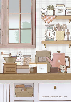 :o artist_name ayu_(mog) bag bag_of_chips basket blue_dress blush blush_stickers bowl bowl_stack bucket chips_(food) closed_mouth coffee_bag coffee_grinder coffee_pot collared_dress commentary commentary_request cookie cookie_jar counter cup drawer dress english_commentary flour food fork highres indoors jar looking_at_another looking_up mixed-language_commentary mug no_humans open_mouth orange_dress original plant polka_dot polka_dot_dress rolling_pin saucer shelf sleeveless sleeveless_dress smile solid_circle_eyes spatula spoon granulated_sugar watermark weighing_scale window