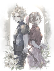 Rule 34 | 1boy, 1girl, aerith gainsborough, armor, back-to-back, bandaged arm, bandages, bangle, belt, blonde hair, bracelet, braid, braided ponytail, breasts, brown belt, brown hair, cloud strife, cropped jacket, dress, earrings, falling feathers, feathers, final fantasy, final fantasy vii, final fantasy vii rebirth, final fantasy vii remake, flower, gloves, hair ribbon, highres, jacket, jewelry, lily (flower), long dress, long hair, medium breasts, multiple belts, muted color, own hands together, parted bangs, parted lips, pink dress, pink ribbon, red jacket, ribbon, ryokuyuu, short hair, short sleeves, shoulder armor, sidelocks, single braid, single earring, single shoulder pad, sleeveless, sleeveless turtleneck, spiked hair, suspenders, turtleneck, wavy hair, yellow flower