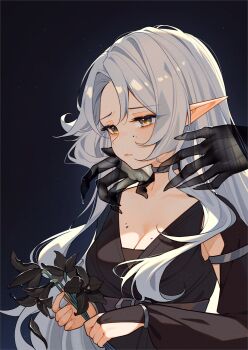 1girl black_background black_dress black_flower breasts bridal_gauntlets choker cleavage dress flower ghost_hands highres hyanna-natsu long_hair medium_breasts original pointy_ears simple_background solo upper_body white_hair yellow_eyes