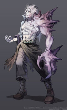 1boy abs ankle_boots arm_at_side artist_name baggy_pants bare_pectorals belt belt_buckle black_sarong boots brown_boots buckle caesty character_request collarbone collared_shirt colored_skin commentary_request company_name copyright_notice dated_commentary english_text fingernails full_body furrowed_brow gold_buckle green_belt grey_background grey_pants high_collar korean_commentary legs_apart long_hair male_focus mutation nexon nose official_art pants parted_lips pectorals popped_collar production_art sarong sharp_fingernails shirt simple_background sleeve_cuffs standing straight_hair tales_weaver teeth topless_male torn_clothes torn_sarong watermark web_address white_hair white_shirt white_skin white_sleeves yellow_eyes