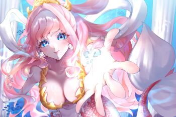 Rule 34 | 1girl, akasama0215, bikini, blue eyes, breasts, cleavage, commentary, earrings, eyelashes, fish hair ornament, hagoromo, hair ornament, hashtag-only commentary, highres, jewelry, long hair, mermaid, monster girl, navel, one piece, pink hair, shawl, shell, shell earrings, shirahoshi, sidelocks, smile, solo, swimsuit, symbol-only commentary, underwater, yellow bikini