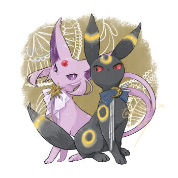 65rocorokon black_fur bow colored_sclera commentary_request crescent_ornament espeon full_body gen_2_pokemon highres looking_at_another looking_to_the_side nintendo no_humans pokemon pokemon_(creature) pokemon_focus purple_eyes purple_fur red_sclera sitting umbreon