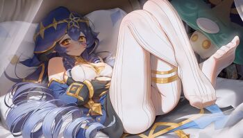 Rule 34 | 1girl, absurdres, ass, bags under eyes, bare shoulders, bed, black gloves, blue hair, blue hood, blue sleeves, blush, breasts, claw ring, detached sleeves, drill hair, drill sidelocks, feet, full body, genshin impact, gloves, gold trim, hair between eyes, hair spread out, highres, hood, hood up, indoors, jewelry, keureu (tiqkdtiqkd10), knees up, layla (genshin impact), legs, legs up, long hair, long sleeves, looking at viewer, lying, medium breasts, neck ring, no shoes, on back, on bed, pants, pantyhose, parted lips, pillow, puffy sleeves, reclining, ringlets, sidelocks, smile, soles, solo, thighlet, thighs, toes, twin drills, very long hair, white pantyhose, yellow eyes