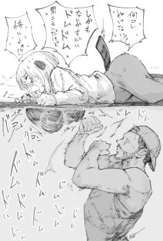 1boy 1girl afterimage animal_ears bare_shoulders beard breasts facial_hair from_side hanging_breasts hat highres kankaku_shadan large_breasts medium_hair monochrome muscular muscular_male no_eyes open_mouth original punching_bag shiro_iku shirt short_hair shouting sleeveless stuck tail tank_top through_ground what