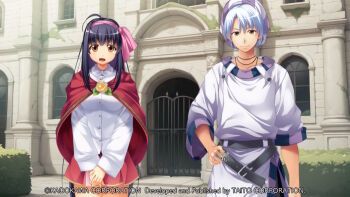 1boy 1girl ahoge aleph_coulson atelier-moo belt black_belt black_hair brown_eyes building bush closed_mouth collarbone collared_shirt company_name copyright_notice cowboy_shot fence flower game_cg grey_pants hair_between_eyes hair_ribbon hand_on_own_hip hat key large_variant_set leaf long_hair long_shirt long_sleeves looking_at_viewer miniskirt non-web_source official_art open_mouth pants pink_ribbon purple_hat purple_shirt red_shawl ribbon rose shawl sheela_sheffield shirt short_hair skirt smile standing striped_hat tachi-e tareme three-quarter_sleeves variant_set very_long_hair white_hair white_shirt window yellow_flower yellow_rose yuukyuu_gensoukyoku yuukyuu_gensoukyoku_revival