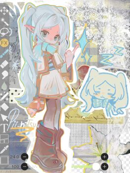 1girl art_program_in_frame black_pantyhose blue_eyes boots brown_boots capelet chibi chibi_inset dot_nose earrings elf frieren full_body gold_trim highres jacket jewelry pantyhose parted_bangs pii_natsuuu pointing pointy_ears scarf shirt skirt solo sousou_no_frieren standing striped_clothes striped_shirt twintails white_capelet white_jacket white_skirt