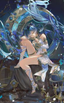 1girl archionturkey arm_guards bare_tree birdcage blue_eyes blue_hair branch bridal_gauntlets cage candlestand colored_tips detached_sleeves dress elbow_on_knee floating_hair full_body globe hair_between_eyes head_rest high_heels highres iuno_(wuthering_waves) knee_up layered_dress long_hair looking_at_viewer multicolored_hair revealing_clothes scenery serious side_slit sidelighting sitting solo thick_thighs thigh_strap thighs tree twintails very_long_hair white_dress wuthering_waves