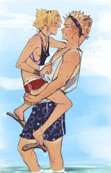 2boys bakugou_katsuki blonde_hair boku_no_hero_academia carrying carrying_person dolphin_shorts eye_contact flip-flops highres kaminari_denki looking_at_another male_focus multiple_boys nipples red_shorts sandals short_hair shorts skinny spacenipnops spiked_hair tan tank_top tanline yaoi