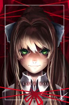 1girl absurdres bow brown_hair commentary doki_doki_literature_club doki_doki_literature_club_school_uniform english_commentary english_text green_eyes hair_bow hannah_santos highres long_hair looking_at_viewer merchandise_available monika_(doki_doki_literature_club) official_art portrait school_uniform second-party_source solo string string_of_fate yandere
