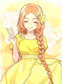 Rule 34 | 1girl, choker, closed eyes, commentary request, dress, floral background, flower, hair flower, hair ornament, inubouzaki fuu, nanao itsuki, orange hair, smile, solo, upper body, v, yellow background, yellow choker, yellow dress, yuuki yuuna wa yuusha de aru, yuusha de aru