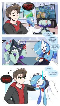 +++ 1boy 2girls 3koma ^_^ absurdres alternate_color anger_vein angry animal_hands arm_up artist_self-insert black_cloak black_jacket blue_hair blue_skin bob_cut body_fur border brown_hair carrying carrying_person censored censored_text clenched_teeth cloak closed_eyes clothed_pokemon colored_skin comedic_sweatdrop comic constricted_pupils controller crossed_arms day english_text flat_chest flying_sweatdrops furrowed_brow furry furry_female game_controller gardevoir gen_3_pokemon green_eyes green_fur green_hair grey_shirt hair_over_one_eye hands_up happy highres holding holding_controller holding_game_controller hood hood_down hooded_sweater indoors jacket looking_at_another mario_(series) mario_kart mario_kart_8 mario_kart_8_deluxe meowscarada mr._death multicolored_hair multicolored_skin multiple_girls multiple_views musical_note nervous nintendo on_floor one_eye_covered open_clothes open_jacket open_mouth original outside_border playing_games pokemon pokemon_(creature) purple_hair raised_eyebrows red_sweater screenshot_inset sharp_teeth shiny_pokemon shirt short_hair sideways_mouth sitting smile smug speech_bubble standing sweat sweater tail talking teeth television thought_bubble two-tone_hair two-tone_skin white_border white_skin window wooden_floor