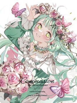 1girl bouquet bug butterfly commentary_request commission dress flower flower_wreath frilled_dress frills green_dress green_hair hand_up highres holding holding_bouquet indie_virtual_youtuber insect jewelry key key_necklace layered_dress leaf_necklace long_hair marimo_ke multicolored_dress necklace pink_butterfly pink_flower simple_background skeb_commission smile solo suzunomori_sumi_(vtuber) upper_body virtual_youtuber white_background white_dress yellow_eyes