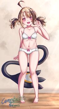 1girl absurdres ahoge bow bow_bra bow_panties bra breasts brown_hair commission gigi_murin highres hololive multicolored_hair panties pink_eyes shihasuki short_hair short_twintails tail twintails two-tone_hair underwear v virtual_youtuber white_bra white_panties