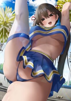 1girl blue_panties blue_skirt blush breasts brown_eyes brown_hair cheerleader ear_piercing from_below highres holding holding_pom_poms kneepits konata_(kankin_jk) large_breasts looking_at_viewer looking_down mishiranu_joshikousei_ni_kankin_sareta_mangaka_no_hanashi open_mouth outdoors panties piercing pom_pom_(cheerleading) pom_poms ryouma_(galley) skirt smile solo split standing standing_on_one_leg standing_split thighhighs twintails underboob underwear white_thighhighs