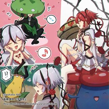 Rule 34 | !?, +++, 0roshioji3ran, 1boy, 1girl, alternate color, black jacket, breasts, camellya (wuthering waves), carnivine, clothing cutout, collar, collarbone, commentary request, crossover, earrings, ferrothorn, gen 1 pokemon, gen 4 pokemon, gen 5 pokemon, gold earrings, hair vines, hand up, highres, jacket, jewelry, knee up, looking at viewer, male rover (wuthering waves), musical note, navel, nintendo, open mouth, pokemon, pokemon (creature), red eyes, red hair, rover (wuthering waves), shiny pokemon, short hair, sideless dress, sitting, small breasts, smile, spoken interrobang, spoken musical note, stomach cutout, tacet mark (wuthering waves), victreebel, vileplume, white collar, white hair, wuthering waves