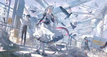 1boy 2girls ambience_synesthesia arknights bird black_dress black_gloves chinese_commentary commentary_request dress earrings feather_hair_ornament feathers full_body gloves grey_eyes grey_hair hair_ornament highres irene_(arknights) irene_(voyage_of_feathers)_(arknights) jewelry juliet_sleeves loafers long_hair long_sleeves looking_at_viewer lumen_(arknights) lumen_(golden_dream)_(arknights) maid_headdress multiple_girls official_alternate_costume outdoors pantyhose ponytail puffy_sleeves scar scar_on_face shoes texas_(arknights) texas_(willpower)_(arknights) ting_zi_bbb white_pantyhose