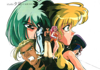 3girls 4boys artist_name bad_id bakuretsu_hunters black_boots black_hair black_hat black_tank_top blonde_hair blue_eyes boots bracer breasts carrot_glace character_request chocolate_misu cleavage clenched_teeth closed_mouth crossed_arms dark-skinned_male dark_skin dress gateau_mocha green_eyes green_hair hair_over_one_eye hat japanese_clothes kimono large_breasts lipstick long_hair looking_at_viewer makeup marron_glace medium_hair multiple_boys multiple_girls one_eye_covered orange_dress pants parted_lips peaked_cap pink_hair red_hair red_lips shoes short_dress short_hair simple_background smile standing studio_yuunagi tank_top teeth tira_misu watermark white_background white_kimono white_pants white_shoes