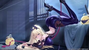 1girl animal_ear_hairband animal_ears animated arched_back ass audible_speech azur_lane back backless_bodysuit blonde_hair blue_bodysuit bodysuit bouncing_breasts breasts covered_erect_nipples curvy english_text facial_mark fake_animal_ears full_body guam_(azur_lane) guam_(the_kunoichi&#039;s_dangerous_variety_show)_(azur_lane) hairband hanging hanging_breasts heart heart_facial_mark high_heels highres huge_ass huge_breasts live2d long_hair looking_at_viewer manjuu_(azur_lane) metal_hairband official_alternate_costume official_art open_mouth rope skindentation sleeveless sleeveless_bodysuit sound star-shaped_pupils star_(symbol) symbol-shaped_pupils tagme thick_thighs thigh_strap thighs tongue tongue_out torn_bodysuit torn_clothes video wide_hips