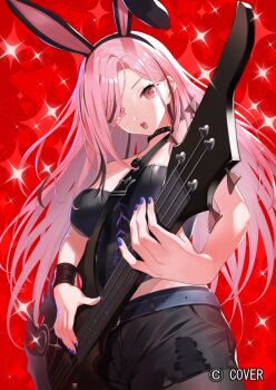 1girl animal_ear_hairband animal_ears bass_guitar belt black_belt black_bustier black_choker black_shorts black_streaks breasts bustier choker commentary_request copyright_notice fake_animal_ears green322 hair_over_one_eye hairband holding holding_bass_guitar holding_instrument hololive hololive_english instrument jewelry large_breasts long_hair looking_at_viewer mori_calliope mori_calliope_(rock_bunny) multicolored_hair necklace official_alternate_costume official_alternate_hairstyle official_art open_mouth pink_eyes pink_hair rabbit_ear_hairband rabbit_ears shorts skull_necklace solo streaked_hair studded_choker teeth upper_teeth_only very_long_hair virtual_youtuber