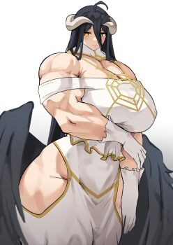 Rule 34 | 1girl, absurdres, albedo (overlord), bare shoulders, breasts, cleavage, clothing cutout, female focus, gloves, highres, hip vent, horns, huge breasts, long hair, looking at viewer, musctonk, muscular, muscular female, overlord (maruyama), solo, wide hips, wings, yellow eyes
