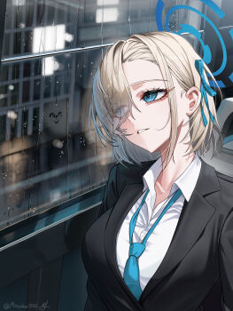 1girl absurdres asuna_(blue_archive) black_jacket blazer blonde_hair blue_archive blue_eyes blue_necktie blue_ribbon breasts bus_interior commentary english_commentary hair_over_one_eye hair_ribbon halo highres jacket large_breasts macabro necktie night office_lady rain ribbon shirt short_hair solo white_shirt