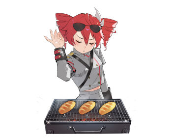 1girl baguette bread buttons closed_eyes commentary_request double-breasted double-parted_bangs drill_hair eyewear_on_head food grey_jacket grey_skirt grill hair_ribbon hand_up highres jacket kasane_teto kasane_teto_(sv) long_sleeves medium_hair meme midriff_peek red_hair red_trim ribbon salt salt_bae_(meme) shoulder_belt shoulder_boards simple_background skirt sleeve_cuffs solo sprinkling striped_clothes striped_jacket sunglasses synthesizer_v twin_drills utau white_background white_ribbon yunibobo