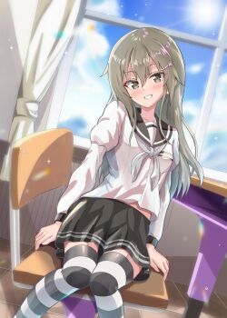 1girl :d absurdres aged_up back_bow bare_shoulders blue_bow blue_choker blue_dress blue_hair blue_ribbon blue_theme bow breasts choker collarbone color_connection cowboy_shot curtains dress earrings frilled_dress frills gradient_hair hair_bun hair_ornament hairband heart heart_hair_ornament highres jewelry layered_dress layered_skirt long_hair looking_at_viewer magical_girl masamune_mino minowa_gin multicolored_hair open_mouth purple_eyes purple_hair ribbon sanshuu_middle_school_uniform school_uniform short_dress skirt small_breasts smile solo stage standing strapless strapless_dress very_long_hair washio_sumi_wa_yuusha_de_aru wrist_cuffs yuusha_de_aru