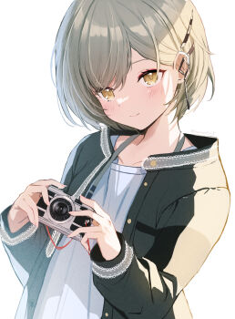 1girl azusawa_kohane black_jacket blush camera commentary grey_hair hair_ornament hairclip highres holding holding_camera jacket kokonotsu_9 light_smile project_sekai short_hair symbol-only_commentary yellow_eyes