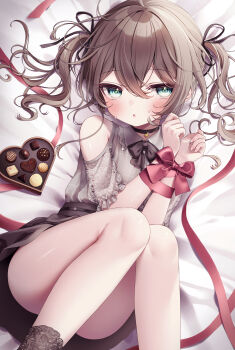 Rule 34 | 1girl, absurdres, black choker, black skirt, blue eyes, blush, box, brown hair, candy, chocolate, chocolate heart, choker, food, grey shirt, heart, heart-shaped box, highres, hololive, long hair, looking at viewer, monuke (monu), natsuiro matsuri, natsuiro matsuri (casual), official alternate costume, plaid clothes, plaid shirt, red ribbon, ribbon, shirt, skirt, twintails, valentine, virtual youtuber