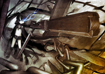 1girl arm_cannon belt bikini black_hair black_rock_shooter black_rock_shooter_(character) black_shorts blue_eyes blue_fire fire flaming_eye flat_chest front-tie_bikini_top front-tie_top glowing glowing_eye highres long_hair no_shirt pale_skin rock_cannon sakimiya_naon scar shorts swimsuit sword twintails uneven_twintails weapon