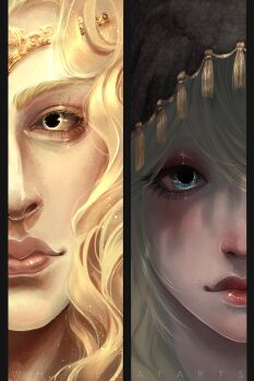 1boy 1girl 2024 blonde_hair blue_eyes close-up elden_ring eyelashes fia_the_deathbed_companion fromsoftware godwyn_the_golden head_out_of_frame hetero highres hood lips out_of_frame painting_(medium) portrait traditional_media whitecatarts yellow_eyes
