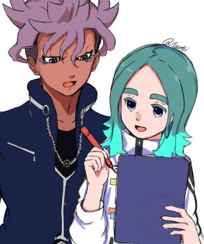 2boys aqua_hair blue_eyes blue_jacket clipboard commentary_request holding holding_clipboard holding_marker inazuma_eleven_(series) inazuma_eleven_victory_road jacket male_focus marker multicolored_hair multiple_boys open_mouth purple_hair sakurazaki_jouji sasanami_unmei signature simple_background toumeisannll33 two-tone_hair upper_body white_background white_jacket