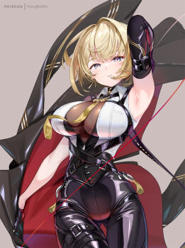 1girl armpits black_gloves black_pants blonde_hair breasts commentary cowboy_shot evelyn_chevalier gloves gluteal_fold grey_background hair_intakes hashtag-only_commentary holding holding_jacket holding_unworn_clothes hong_(white_spider) jacket large_breasts looking_at_viewer necktie pants parted_lips patreon_username purple_eyes shirt shirt_tucked_in simple_background sleeveless sleeveless_shirt smile solo thigh_gap tight_clothes tight_pants unworn_jacket wide_hips yellow_necktie zenless_zone_zero