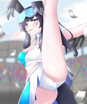 1girl absurdres animal_ears audience black_hair blue_archive blush breasts cheerleader confetti dog_ears dog_girl dog_tail goggles goggles_on_head halo hibiki_(blue_archive) hibiki_(cheer_squad)_(blue_archive) highres kankae9 leg_lift leg_up long_hair looking_at_viewer millennium_cheerleader_outfit_(blue_archive) official_alternate_costume open_mouth panties solo split stadium standing standing_on_one_leg standing_split star_(symbol) star_sticker sticker sticker_on_face tail thighs underwear white_panties yellow_halo