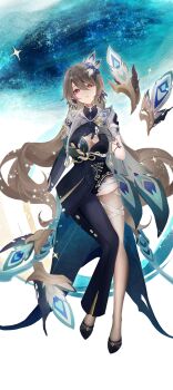 1girl absurdres black_bodysuit black_thighhighs bodysuit breasts chinese_commentary cleavage_cutout clothing_cutout commentary_request full_body grey_hair hair_ornament high_heels highres honkai_(series) honkai_impact_3rd large_breasts lin_yu_jin long_hair parted_lips purple_eyes single_leg_bodysuit solo thighhighs very_long_hair vita_(honkai_impact) vita_(lone_planetfarer)_(honkai_impact)