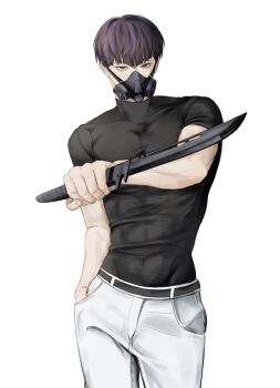 1boy belt black_belt black_blade black_shirt commentary_request compression_shirt covered_abs greyscale hand_in_pocket highres holding holding_weapon hoshina_soshiro kaijuu_no._8 korean_commentary male_focus monochrome pants pocket purple_hair sagu_(9133t) shirt short_hair simple_background solo toned toned_male weapon white_pants