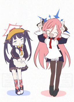 2girls :d ^_^ apron black_hair black_shirt black_skirt blue_archive blue_halo blunt_bangs brown_pantyhose closed_eyes commentary_request dancing demon_girl demon_horns facing_viewer frown full_body fuuka_(blue_archive) hair_between_eyes hair_on_horn halo hands_up happy headscarf highres horns index_fingers_raised index_fingers_together internet_yamero internet_yamero_(meme) juri_(blue_archive) kneehighs long_hair long_sleeves looking_at_viewer meme mosae multiple_girls necktie needy_girl_overdose open_mouth pantyhose parted_lips pink_hair pink_socks puffy_long_sleeves puffy_sleeves red_halo red_necktie shirt simple_background skirt smile socks standing very_long_hair white_apron white_background wide_sleeves yellow_headscarf yellow_necktie