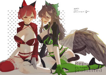 2girls absurdres animal_ears asymmetrical_legwear asymmetrical_sleeves belt bikini bird_wings black_bikini black_hair braid breasts cat_ears cat_girl cat_tail choker cleavage collarbone commentary_request cosplay fate/grand_order fate_(series) flame_print gloves hair_ribbon high_heels highres jeanne_d'arc_alter_(fate) jeanne_d'arc_alter_(swimsuit_berserker)_(fate) jeanne_d'arc_alter_(swimsuit_berserker)_(fate)_(cosplay) kaenbyou_rin large_breasts long_hair looking_at_viewer multiple_girls multiple_tails navel oku_(ewfy25) open_mouth red_bikini red_eyes red_hair reiuji_utsuho ribbon short_hair shrug_(clothing) signature single_thighhigh sitting slit_pupils smile swimsuit tail thigh_strap thighhighs touhou translation_request twin_braids twintails white_background wings