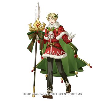 Rule 34 | 1boy, alfred (fire emblem), alfred (joyous snowdrop) (fire emblem), belt, black pants, blonde hair, bow, brown belt, cape, capelet, coat, commentary request, fire emblem, fire emblem engage, fire emblem heroes, fur-trimmed capelet, fur-trimmed coat, fur trim, gloves, green bow, green cape, green eyes, hair ornament, hanada 09, holding, holding polearm, holding weapon, holly, holly hair ornament, long sleeves, looking at viewer, male focus, nintendo, official alternate costume, official art, open mouth, pants, polearm, red capelet, red coat, santa costume, scarf, shoes, short hair, simple background, smile, solo, star (symbol), star ornament, weapon, white background, white gloves, white scarf