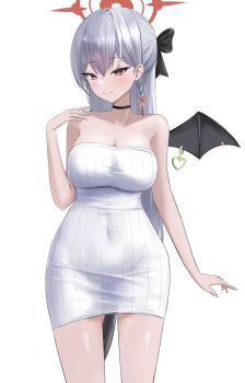 1girl absurdres alternate_costume alternate_hairstyle black_bow black_choker blue_archive blush bow braid breasts choker cleavage closed_mouth collarbone covered_groin cowboy_shot demon_girl demon_tail demon_wings dress eyelashes gluteal_fold grey_hair hair_between_eyes hair_bow half_updo halo hand_up haruna_(blue_archive) highres large_breasts liiigang long_hair looking_at_viewer navel piercing red_bow red_eyes red_halo ribbed_dress simple_background single_braid single_wing smile solo split_mouth straight_hair strapless strapless_dress sweater sweater_dress tail tsurime very_long_hair white_background white_dress white_sweater wing_piercing wings