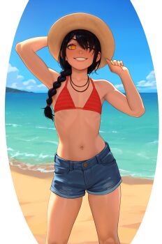 1girl bare_shoulders beach bikini bikini_top_only black_hair braid braided_ponytail chainsaw_man collarbone female_focus flat_chest hat highres jeans_shorts jewelry long_hair looking_at_viewer mole mole_under_eye navel nayuta_(chainsaw_man) necklace ocean one_eye_closed ringed_eyes sand shaardy shiny_skin sky solo solo_focus standing water wink yellow_eyes