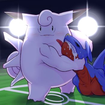 2others :3 biceps blush clefable defeat dragon fairy fangs full_body gameplay_mechanics garchomp gen_1_pokemon gen_4_pokemon horns huge_power_(pokemon) humiliation lying maximum_tokio motion_lines multiple_others muscular nintendo no_humans pain play_rough_(pokemon) pokemon pokemon_(creature) pokemon_ability saliva sharp_teeth simple_background smile standing sweat teeth translation_request violence what wrestling