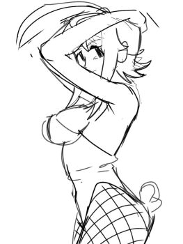 1girl animal_ears bare_shoulders breasts closed_mouth fishnets from_side greyscale gumi hands_on_own_head hatsuno large_breasts leotard looking_at_viewer monochrome playboy_bunny rabbit_ears rabbit_tail short_hair_with_long_locks sketch solo strapless strapless_leotard vocaloid