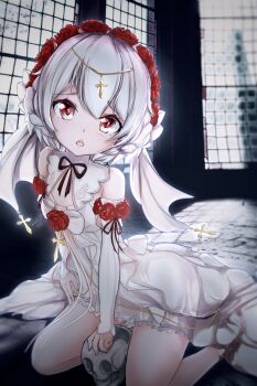 1girl absurdres bare_shoulders bridal_veil commentary_request detached_sleeves dress flower full_body hair_flower hair_ornament highres honkai_(series) honkai_impact_3rd looking_at_viewer mao_jing open_mouth red_flower red_rose rose skull solo theresa_apocalypse theresa_apocalypse_(luna_kindred) theresa_apocalypse_(rosy_bridesmaid)_(luna_kindred) veil wedding_dress white_dress white_sleeves